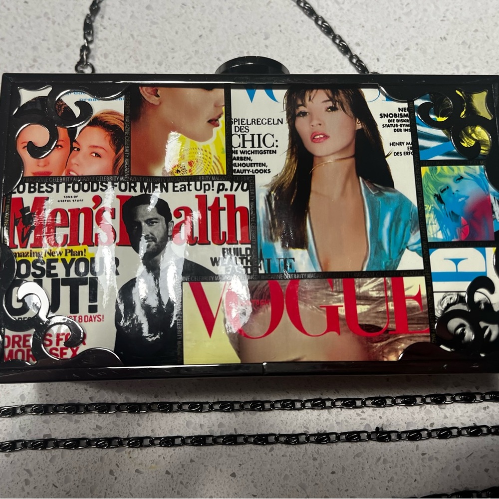 Y2K Pop Art Magazine collages Vinyl Mini bag | Dual chain straps | Statement bag